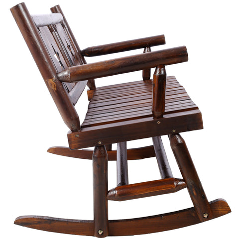 Rustic Outdoor Wood Rocking Bench Double Rocking Chair For 2 Persons With Curved Seat, Porch Rocker - Brown