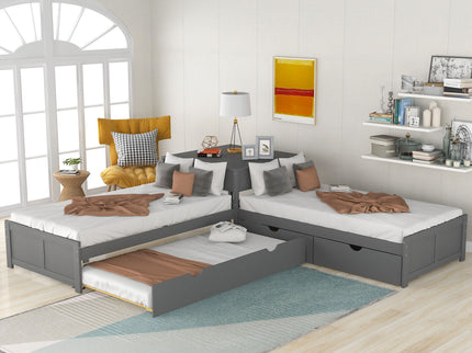 L Shaped Platform Bed With Trundle And Drawers Linked With Built In Desk