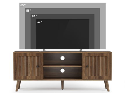 55" TV Cabinet With Vertical Groove Doors, Adjustable Shelves - Walnut