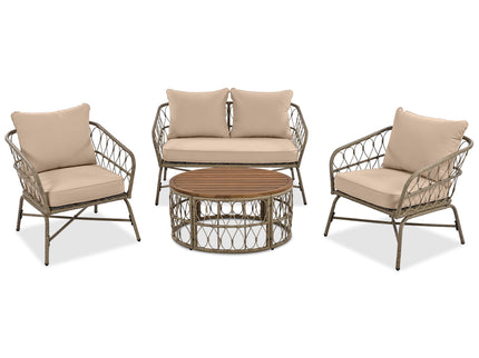 Bohemia-Inspired 4 Person Outdoor Seating Group With Removable Cushions, Conversation Patio Set With Wood Tabletop - Beige