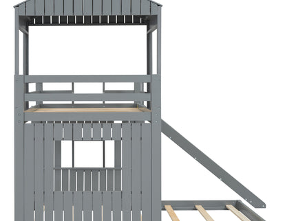 Loft Bunk Bed With Playhouse, Farmhouse, Ladder, Slide And Guardrails