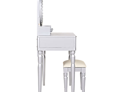 Luxury Vanity Desk With Round Mirror Height Adjustable Dressing Table Set Engineered Wood - Silver