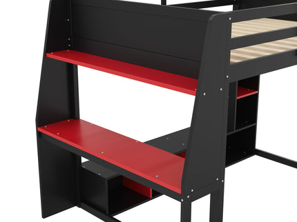 Gaming Loft Bed With Desk, Multi Storage Shelves, LED Lighting, And Hanging Clothes Rack