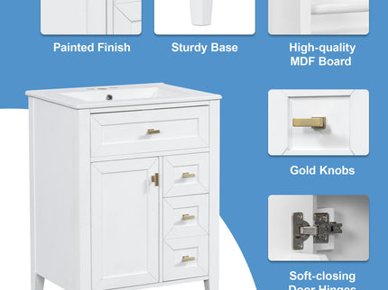 Bathroom Vanity With Sink, 3 Drawers & Cabinet With 2 Tier Door Storage Rack, Soft Close Doors & Drawers