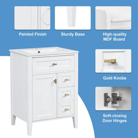 Bathroom Vanity With Sink, 3 Drawers & Cabinet With 2 Tier Door Storage Rack, Soft Close Doors & Drawers