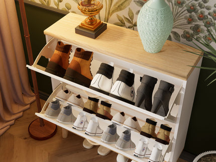 Narrow - Entryway Shoe Storage Cabinet With 2 Flip Drawers Legs - Natural / White