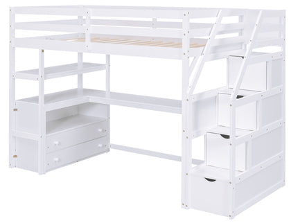 Loft Bed With Desk, Shelves, 2 Drawers, Storage Staircase