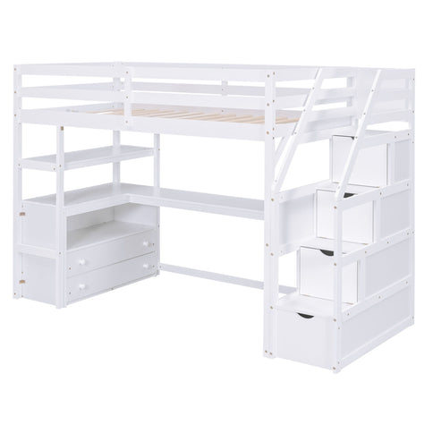 Loft Bed With Desk, Shelves, 2 Drawers, Storage Staircase