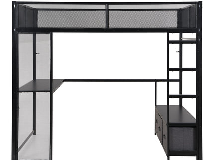 Full Size Gaming Loft Bed With LED Desk, Open Wardrobe, 3 Linen Storage Drawers - Black