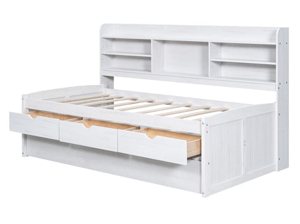 Captain Bed With Built In Bookshelves, 3 Storage Drawers, And Trundle