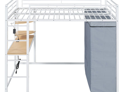 Loft Bed With Desk, Shelves, Power Outlet, LED Light And Wardrobe