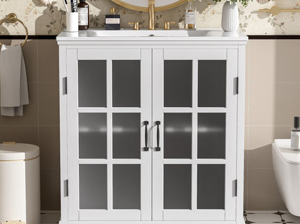 Modern Bathroom Vanity With Ceramic Sink, Tempered Blurred Glass Doors