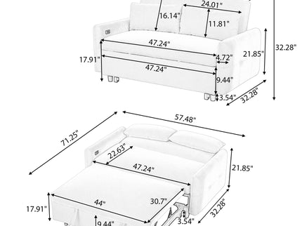 Pull-Out 2 Seat Modern Sleeper Sofa With 2 Throw Pillows And USB Ports