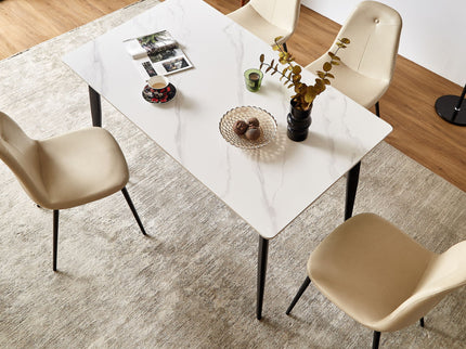 Mid Century Modern Dining Table Round White Sintered Stone Top Heavy Duty Metal Legs Waterproof Surface For Kitchen Dining Room Or Office Furniture - White / Black