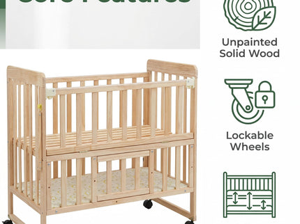 Portable Mini Baby Crib 5 In 1 Convertible With Foldable Storage - Natural Wood