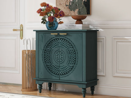 Hollow Carved 2 Door Accent Cabinet With Adjustable Shelf, Sideboard Buffet For Entryway, Living Room Or Bedroom - Blackish Green