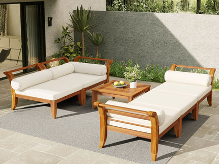 6 Piece Patio Sofa Set, Acacia Wood Outdoor Modular Sectional Garden Furniture Set L Shaped Conversation Set, Convertible Daybed With Tea Table, Ottoman, 5 Cushions And Pillows - Teak / Beige