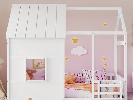 House Floor Bed With 7 Color LED Light, Built In Bookshelf