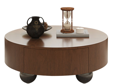Drum Shaped Coffee Table With Hidden Storage Drawer, Low Profile For Living Room - Walnut