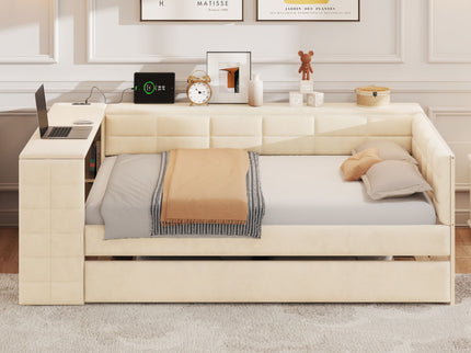 Upholstered Platform Bed With Storage Shelves, Desk, Charging Station And Trundle