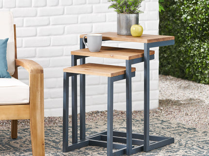Kacha - Modern Industrial Firwood Nesting Tables (Set of 3) With Iron Frame - Antique Brown / Black