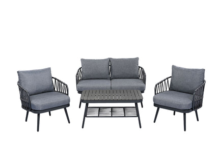 4 Piece Outdoor Patio Furniture Set, Metal Chairs With Woven Rope U Shaped Backrest