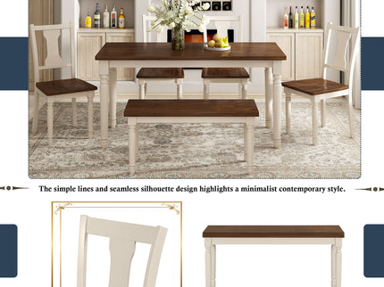 6 Piece Dining Set Classic Wooden Table And 4 Chairs With Bench For Kitchen Dining Room - Brown / Cottage White
