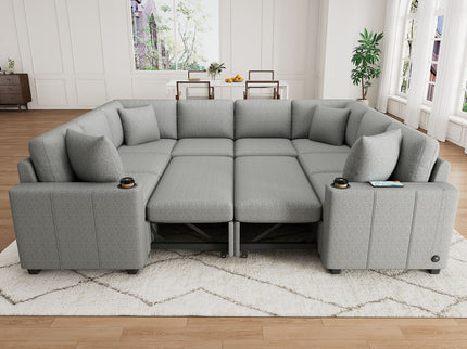 Modern U-Shaped Sectional Sofa Convertible Pull-Out Sofa Bed With USB Ports And Cup Holders