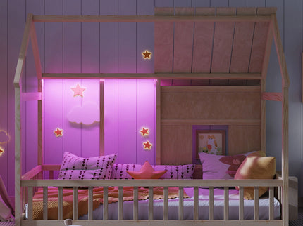 House Floor Bed With 7 Color LED Light, Built In Bookshelf