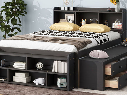 Bed With Bookcase Headboard, Under Bed Storage Drawers And Bed End Storage Case