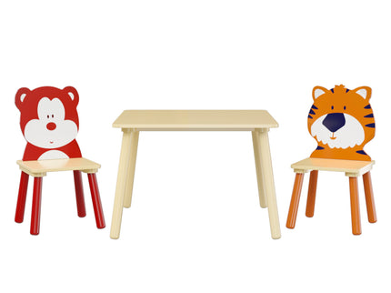 Table And 2 Chairs Set, Activity Play Table Set With Bear & Tiger Design - Natural