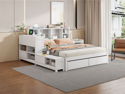 Platform Bed With Multi Functional Storage Space, Nightstand, 2 Drawers, USB Ports And Desk