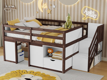 Low Loft Bed Frame With Built In Stairs, Storage Drawer, Shelf And 7 Color LED Light