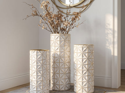 Tall Textured Geometric Decorative Floor Vases Home Decor (Set of 3) - White / Gold