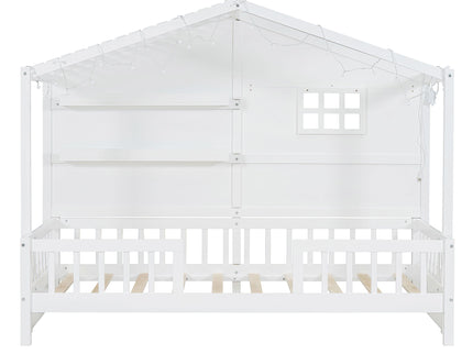 House Bed With Shelves, Window And Sparkling Light Strip On The Roof