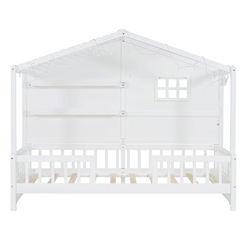 House Bed With Shelves, Window And Sparkling Light Strip On The Roof