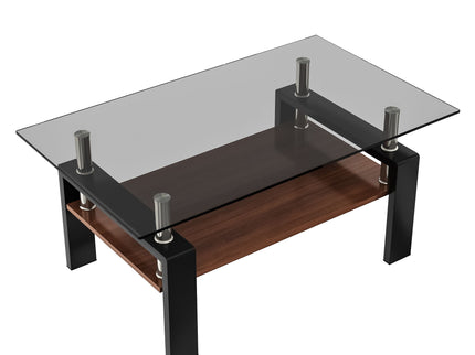 Modern Rectangular Coffee Table With Tempered Transparent Glass Top And Storage Shelf