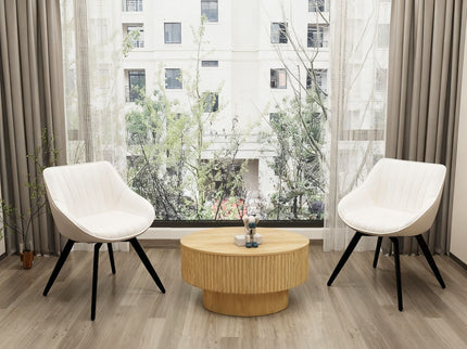 Round Coffee Table With 2 Dining Chairs Set, Ring Striped Design - Beige / Wood