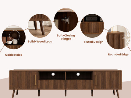 78" TV Stand For 85" TVs With Fluted Doors, Open Shelf, Cable Management - Walnut