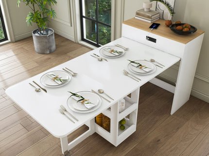 Extendable Dining Table With Power Socket, Lockable Casters, Storage Cabinet