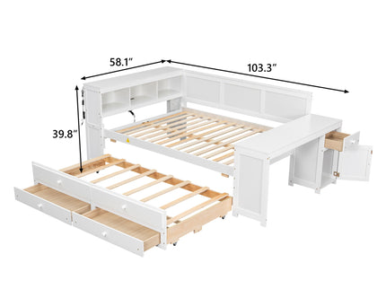 Daybed With Storage Shelves, Drawers, Trundle, Charging Station, LED Light, Desk And Cabinet