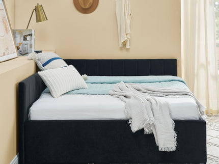 Full Size Upholstered Daybed With Trundle, Tufted Backrest And Armrests - Black