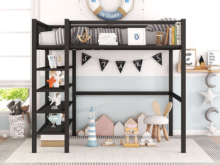 Loft Bed With 4 Tier Shelves And Storage