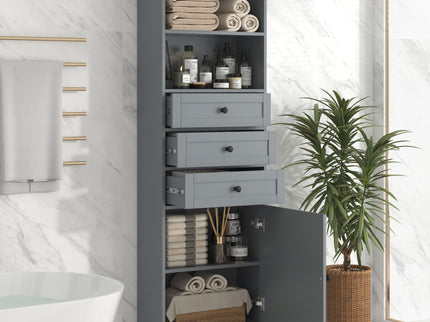 Tall Storage Cabinet With 3 Drawers And Adjustable Shelves For Bathroom