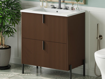 Fluted Bathroom Vanity With Ceramic Sink, Freestanding Design