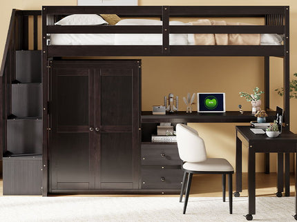 Loft Bed With Stairs, Bookshelf, Drawers, Desk & Wardrobe, Space Saving Multifunctional Furniture