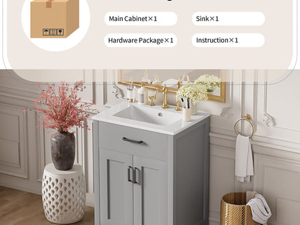 Bathroom Vanity With Ceramic Sink, Soft Close Doors, Flip Drawer, Double Layer Door Shelves