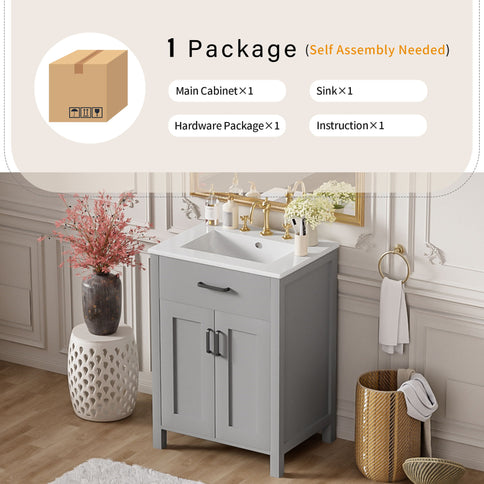 Bathroom Vanity With Ceramic Sink, Soft Close Doors, Flip Drawer, Double Layer Door Shelves