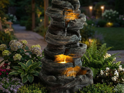 6 Tier Cascading Stone Water Fountain With LED Lights - Gray