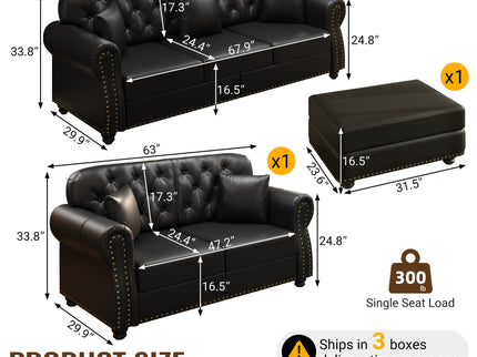 Upholstered Sofa With Nailhead Trim, Rolled Armrests With Ottoman
